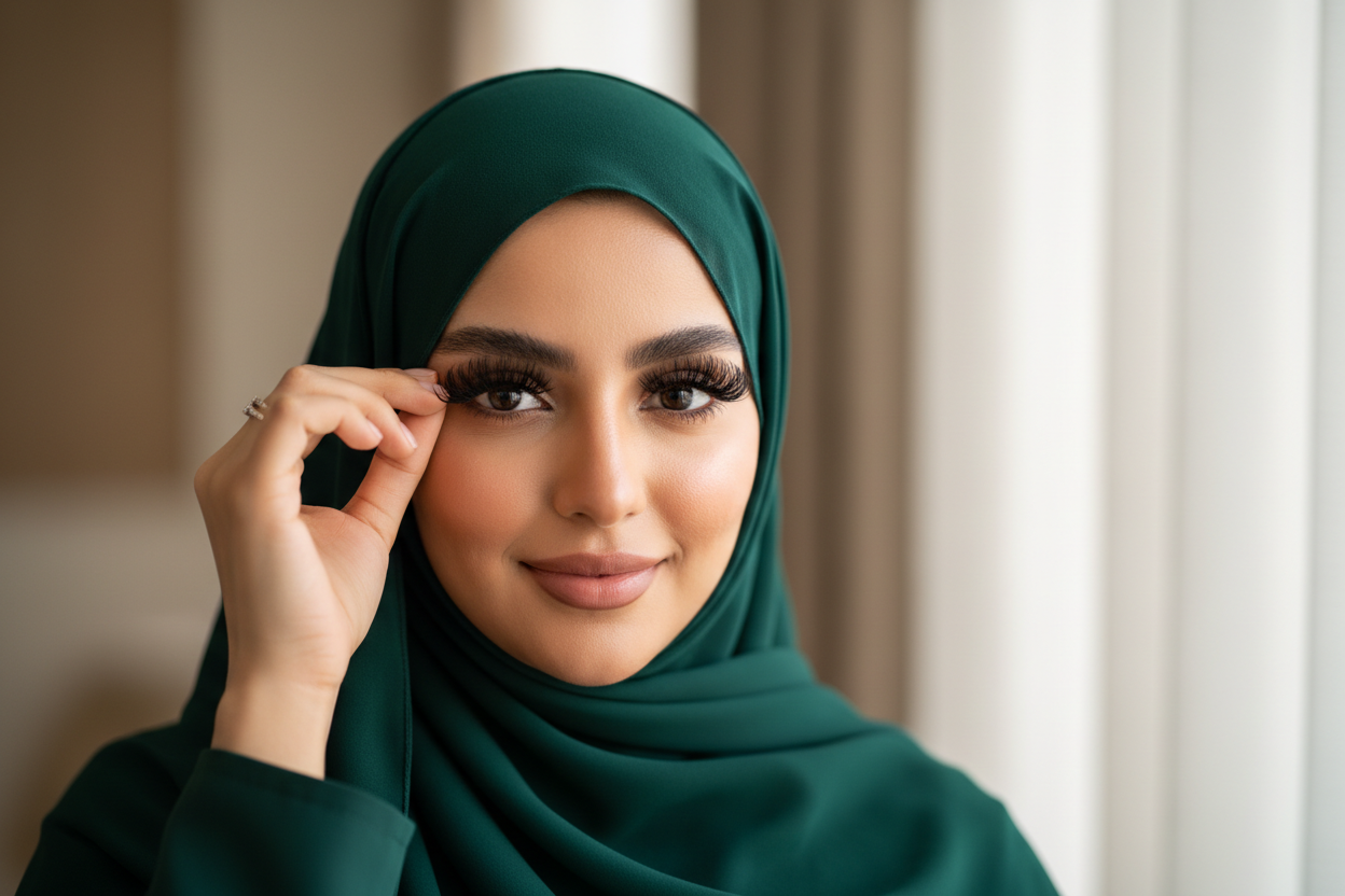 امرءاة سعودية تلامس رموشها الطويلة